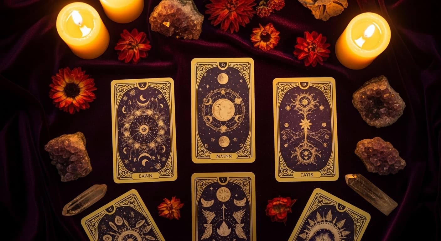 Cartas de tarot celestiais com velas e cristais de ametista