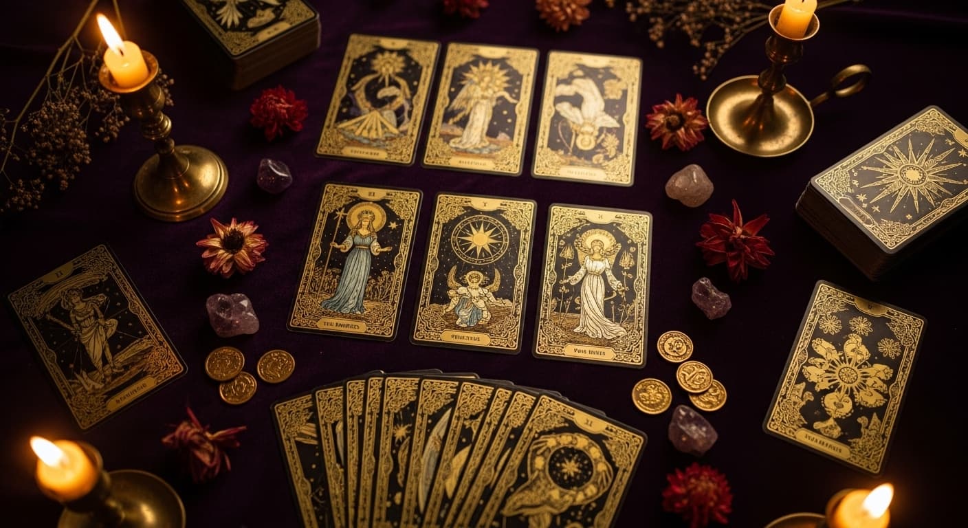 Mesa de tarot com baralho dourado, velas, cristais e flores sobre veludo roxo